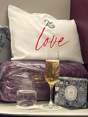 Champagne and amenities courtesy of Qatar Airways
